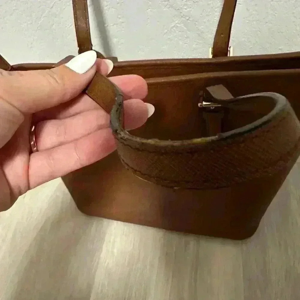 Michael Kors Tote Bag Brown Leather Shoulder Bag MK Charm Gold Hardware - Picture 10 of 14